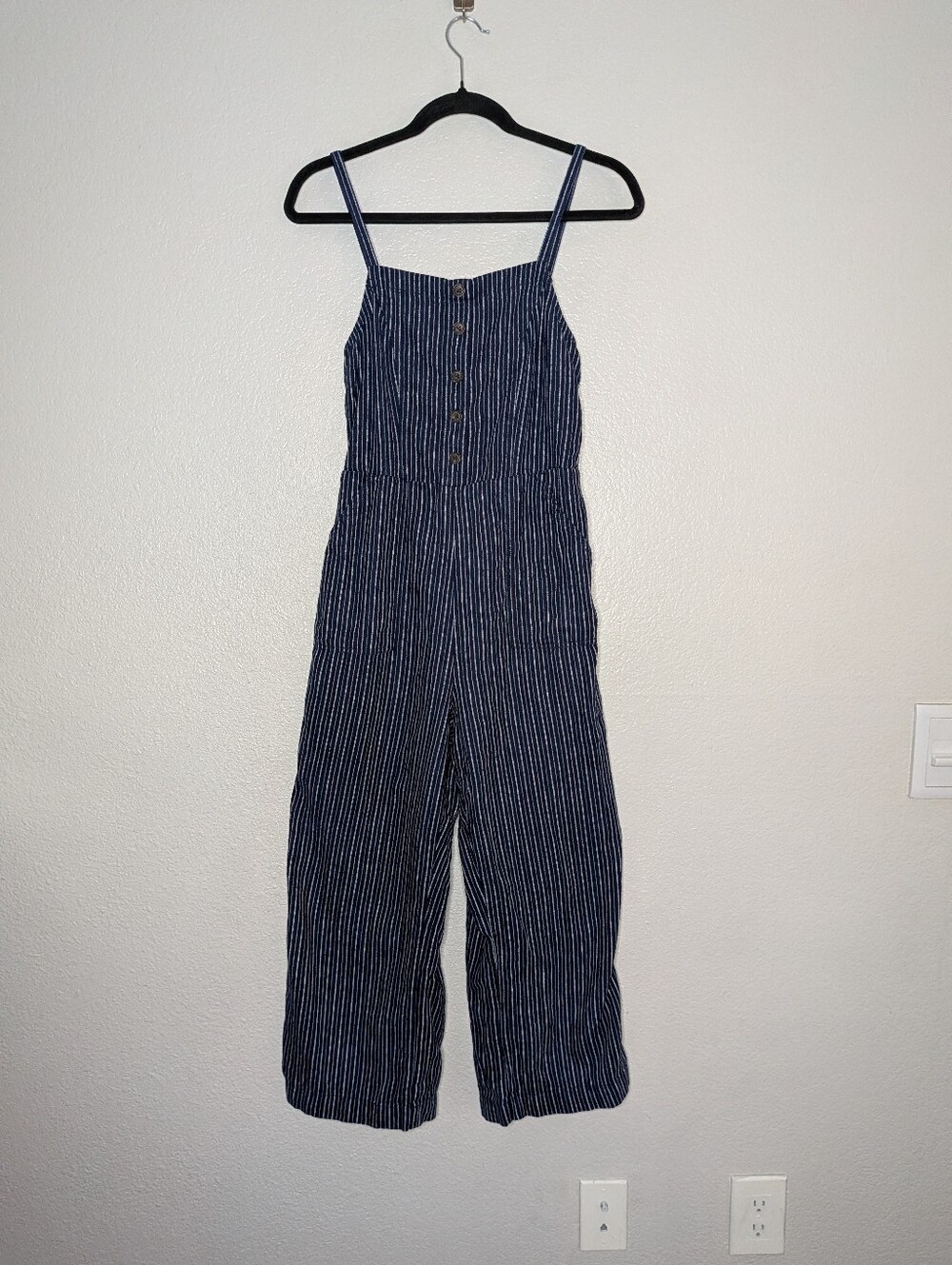 Old Navy Navy Blue Linen Blend Casual Travel Striped Button Front Jumpsuit S